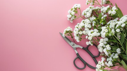 Alyssum flowers and gardening pruning shears in a top view on a pink surface - copy space