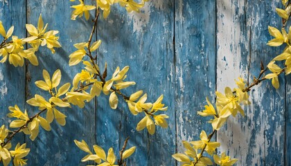 yellow forsyth flowers against a wooden wall, overhead with the bright blue weathered planked - obrazy, fototapety, plakaty