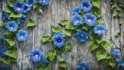blue flowers hang from an old fence with green leaves and stems - obrazy, fototapety, plakaty