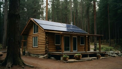 Fototapeta na wymiar a small cabin with some solar panels on the roof and some logs in front of