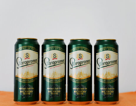 Sid, Serbia - Can of Staropramen beer, famous brand from Czechia. Staropramen is the second largest brewery in the Czech Republic, founded in 1869