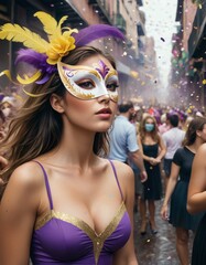 A woman in a vibrant purple mask adorned with feathers stands out in a lively street carnival, with confetti in the air.