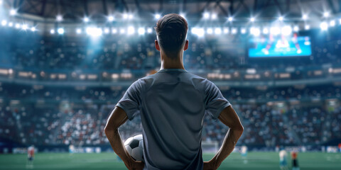 Athlete on soccer field holding ball, poised for gameplay - obrazy, fototapety, plakaty