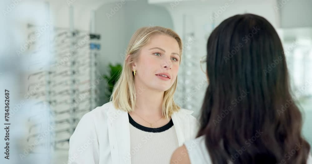 Wall mural Optometry, glasses and person with choice of frame, prescription lens and spectacles for eyesight. Healthcare, medical service and optician help client in clinic for eye care, vision and wellness