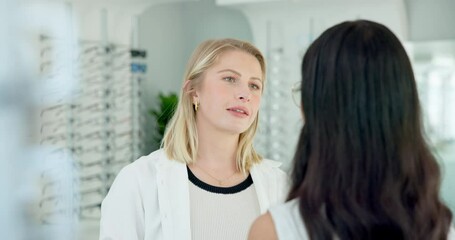 Optometry, glasses and person with choice of frame, prescription lens and spectacles for eyesight. Healthcare, medical service and optician help client in clinic for eye care, vision and wellness