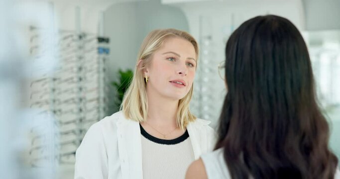 Optometry, glasses and person with choice of frame, prescription lens and spectacles for eyesight. Healthcare, medical service and optician help client in clinic for eye care, vision and wellness