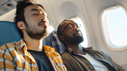 Obraz premium African American and Asian man traveling together, sitting in plane seats, looking at clouds and sunlight through the airplane window. Multiethnic and diverse people transport, multiracial tourism