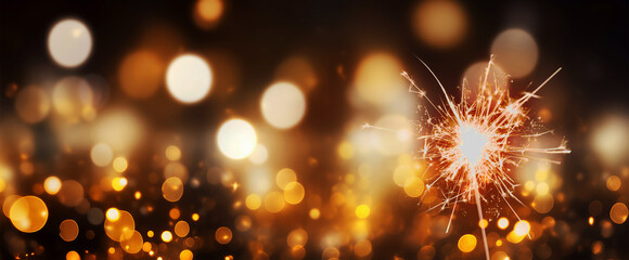 happy new year, sylvester, New Year's Eve 2024 2025 party event celebration holiday greeting card - Closeup of sparkling sparklers and bokeh lights in the background