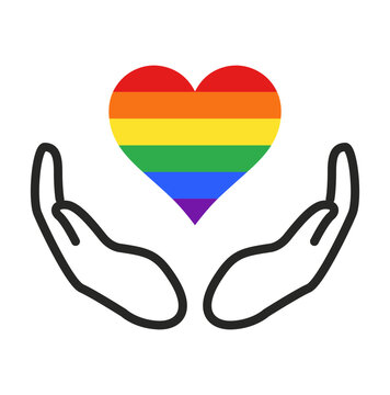 Lgbtq rainbow flag heart in hands  svg cut file. Isolated vector illustration.