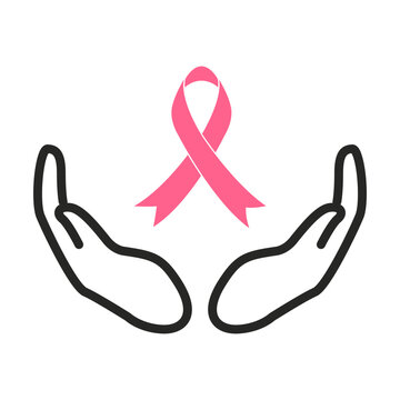 Breast Canver pink ribbon in hands  svg cut file. Isolated vector illustration.