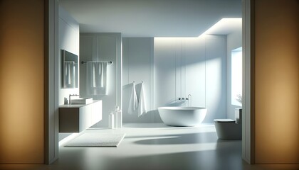 Fototapeta na wymiar AI generated illustration of a modern bathroom with a sink, a toilet, and a bathtub