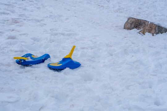 Image of two blue snow shoes in the snow.