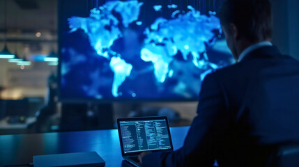 A blue world map on the display screen behind the laptop notebook that the businessman is typing on. Worldwide international communication and connection, global market internet service
