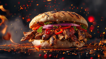 fresh grilled beef turkish or chicken arabic shawarma doner sandwich with flying ingredients and spices hot ready to serve 