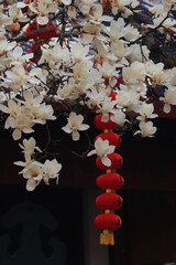 a large tree filled with flowers and red lanterns hanging from it