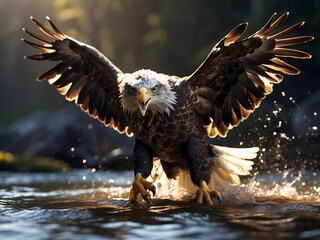 Eagle hunting a fish in water