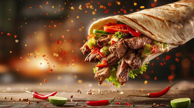 fresh grilled beef turkish or chicken arabic shawarma doner sandwich with flying ingredients and spices hot ready to serve 
