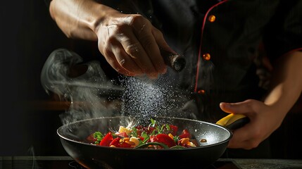 the chef adds salt to a steaming hot pan. Grande cuisine idea for a hotel with advertising space