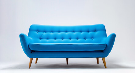 A blue couch with wooden legs and a white background. The couch is the main focus of the image. blue sofa, Danish style - obrazy, fototapety, plakaty