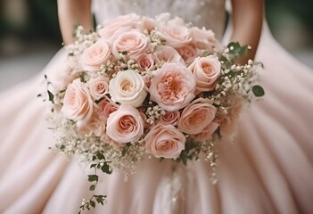 AI generated illustration of a blush pink wedding bouquet held by bride