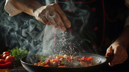 the chef adds salt to a steaming hot pan. Grande cuisine idea for a hotel with advertising space