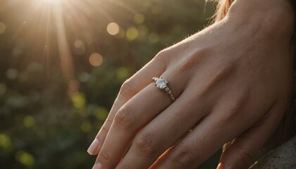 Closeup of a beautiful engagement ring on a woman's ring finger. Her hand is lit by the sun. - obrazy, fototapety, plakaty