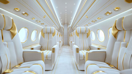 Luxury golden and white private jet plane interior seats and window. Comfortable business first class flight inside, empty expensive elegance and success, nobody in prestigious rich and wealthy cabin 