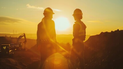 Obraz premium Silhouette of Engineer and worker checking project at building site background,