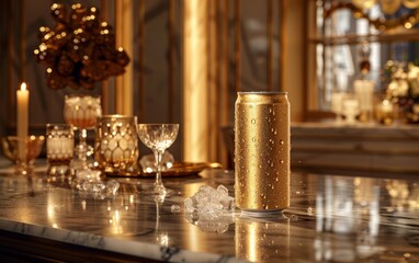 An elegant gold 500ml drink can with a sophisticated label, exuding luxury and refinement