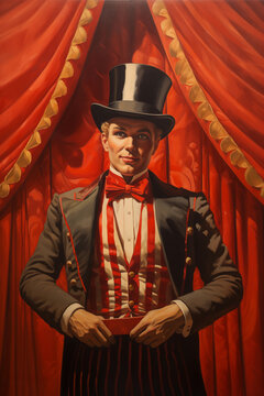 ringmaster man wearing suit and top hat vintage circus painting	in red tent curtains