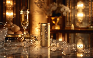 Fototapeta na wymiar An elegant gold 500ml drink can with a sophisticated label, exuding luxury and refinement