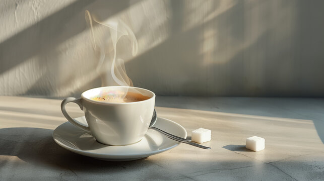 A photo of A steaming cup of coffee placed on a simple saucer with a spoon and a sugar cube, set against a soft gray backdrop