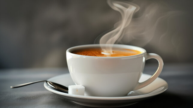 A photo of A steaming cup of coffee placed on a simple saucer with a spoon and a sugar cube, set against a soft gray backdrop
