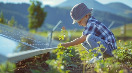 a little boy crouches next to a large solar panel in a field - obrazy, fototapety, plakaty