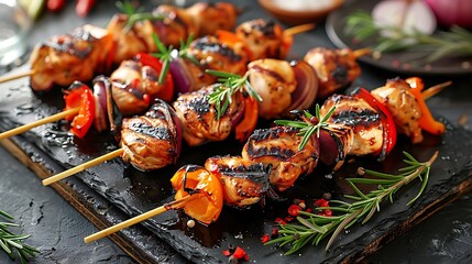 juicy grilled chicken skewers with bell peppers and onions on a slate serving platter