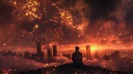 Businessman sitting on a hill, watching end of the world apocalypse. Armageddon destruction and explosion, fire meteorites sky, dramatic cataclysm, destroyed city buildings.Fiction dystopia,copy space - obrazy, fototapety, plakaty