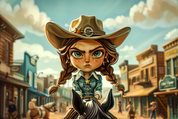 Cartoon Caricature of a Cowgirl in the Old West.  Generated Image.  A digital illustration of a cartoon caricature of a cowgirl in the old west.  