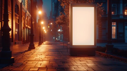 A mockup of vertical advertising banner or billboard stand is positioned on a city sidewalk at night, advertising, marketing, and urban design applications