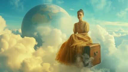 beautiful woman sitting on a travel suitcase in the clouds and globe in background, travel and tourism concept