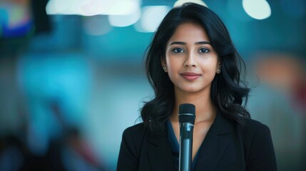 Young Indian Woman News Reporter Holding Professional Microphone in Front of Blurred Studio Background, Media, Journalism, Broadcasting Concepts
