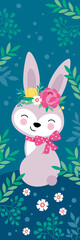 Lesezeichen niedlicher Hase mit Blumenkranz und Schleife