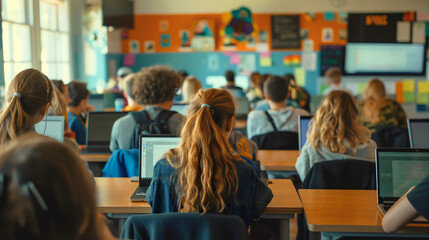 Rearview of classroom full of students sitting at a table, working on their laptop notebooks. Computer technology education and studying, university college e-learning, high school teenagers knowledge