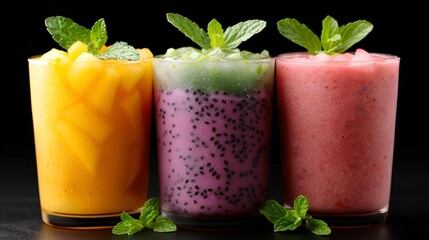 AI generated illustration of glasses of fruit drinks with a green leaf garnish