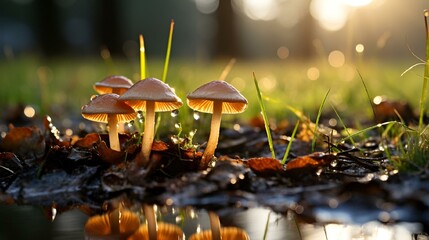 AI generated illustration of a close-up of mushrooms by the water in grass - obrazy, fototapety, plakaty