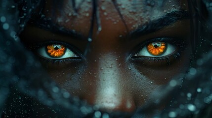 AI-generated illustration of a woman with vibrant orange eyes, raindrops falling on her face
