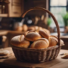Zelfklevend Fotobehang AI-generated illustration of A wooden countertop displaying a basket filled with freshly baked bread © Wirestock