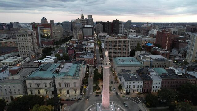 Aerial view of the Baltimore city in Maryland on a cloudy day
