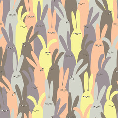 Seamless pattern with cute color rabbits. Hand drawn cartoon flat style hare background. Happy Easter print. Cute spring card flock of bunny. Chinese New Year symbol. Vector simple Illustration