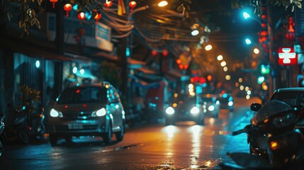Bokeh from street lights, cars and motorbikes at night. Bali island bokeh. Asia.