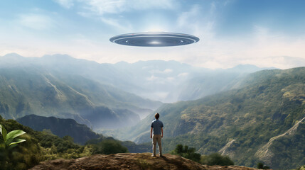 AI-generated illustration of A man standing on a hilltop watching a vivid flying saucer UFO - obrazy, fototapety, plakaty